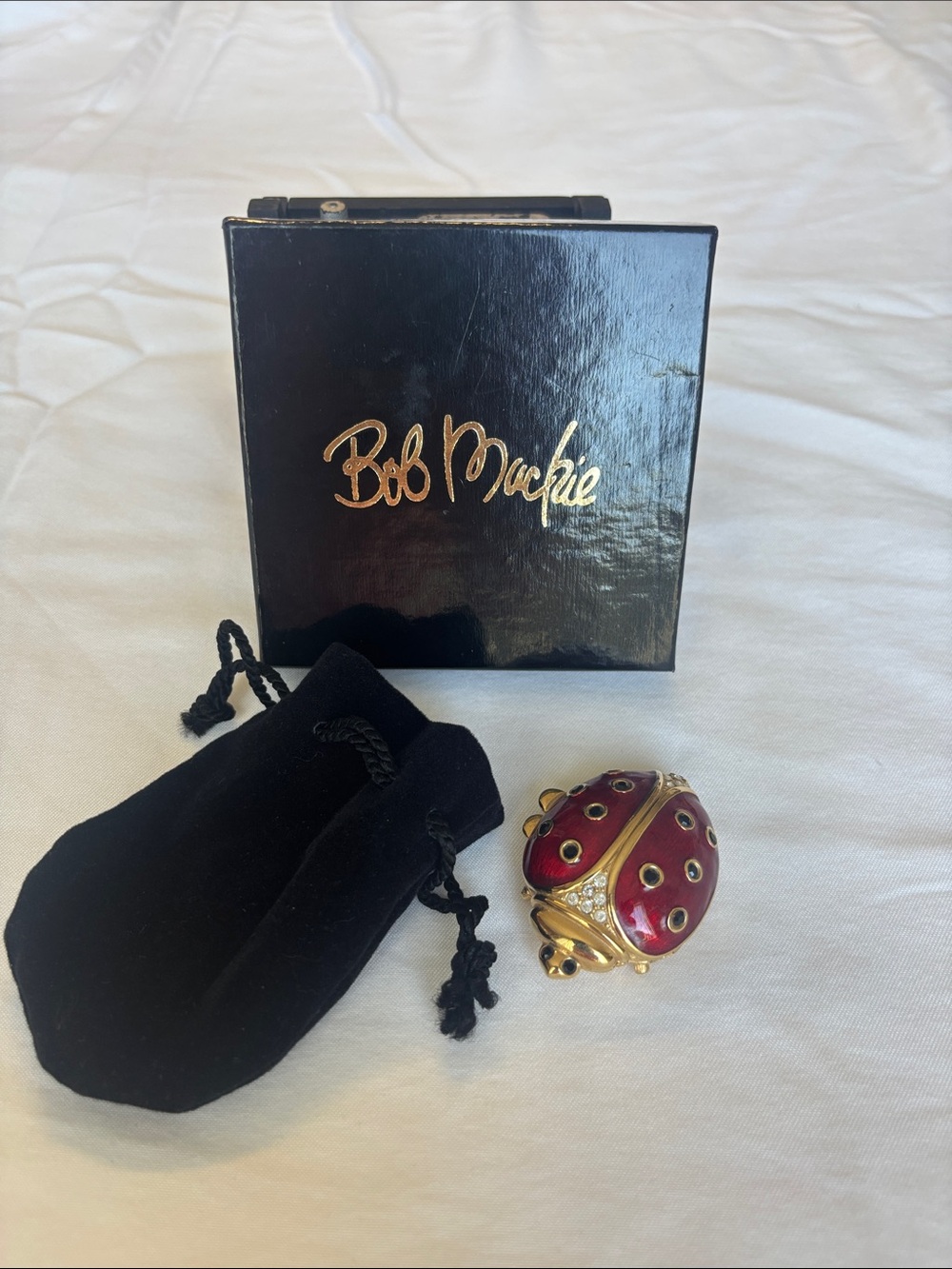 Bob Mackie Red and Gold Ladybug pill box with Crystal Accents